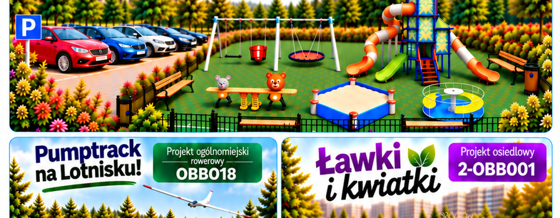 Budżet Obywatelski Bielska-Białej 2027 ? plakat projektów Park & Play na Beskidzkim OBB003, Pumptrack na Lotnisku OBB018 oraz Ławki i kwiatki 2-OBB001. Głosowanie 5?19 października 2026.