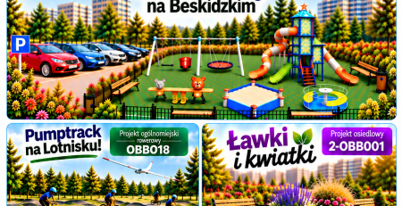 Budżet Obywatelski Bielska-Białej 2027 ? plakat projektów Park & Play na Beskidzkim OBB003, Pumptrack na Lotnisku OBB018 oraz Ławki i kwiatki 2-OBB001. Głosowanie 5?19 października 2026.