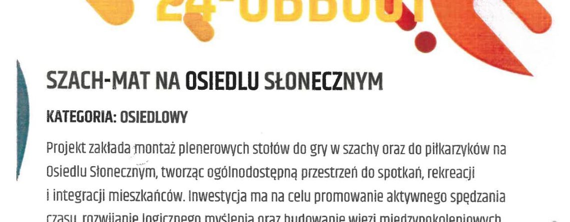Plakat projektu 24-OBB001 - Szach-mat na Osiedlu Słonecznym. Koszt 83 000 zł. Głosowanie 5-19 października 2026 r.
