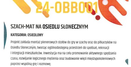 Plakat projektu 24-OBB001 - Szach-mat na Osiedlu Słonecznym. Koszt 83 000 zł. Głosowanie 5-19 października 2026 r.